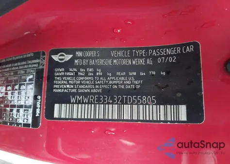 2002 Mini Cooper S z USA, uszkodzony, nr VIN WMWRE33432TD55805